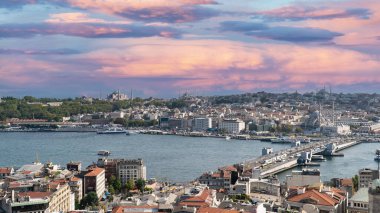 Istanbul Golden Horn landscape. Historical Golden Horn Peninsula in Istanbul Turkey. Istanbul view during sunset. 