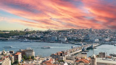 Istanbul Golden Horn landscape. Historical Golden Horn Peninsula in Istanbul Turkey. Istanbul view during sunset. 