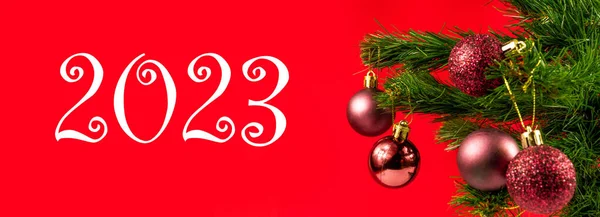 Ideia Conceito Banner Natal Árvore Natal Com Ornamentos Brilhantes Feliz — Fotografia de Stock