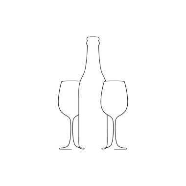 Minimalist şişe ve iki bardak şarap. Bir şişe şarap ikonu. Şarap kadehi simgesi