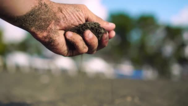 Nahaufnahme Hand ergreift eine Handvoll trockenen Sand und lässt ihn zwischen seine Finger fallen — Stockvideo