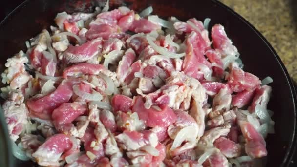 Pieces of pork flesh with chopped onions during frying in an old frying pan — Stock Video