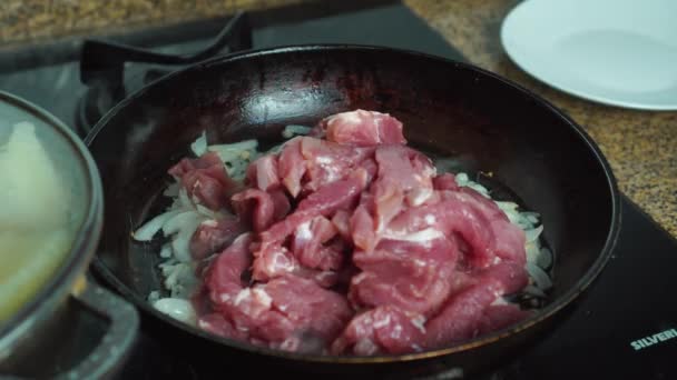 Pedaços de carne de porco com cebola picada durante o ato de fritar em uma frigideira velha — Vídeo de Stock