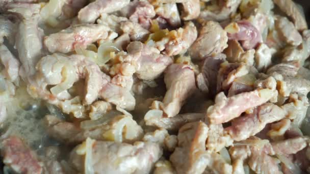 Trozos de carne de cerdo con cebolla picada durante la fritura en una sartén vieja — Vídeo de stock