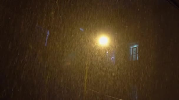Det regnar kraftigt på gården till huset. Nattetid. stark storm drabbade staden. — Stockvideo