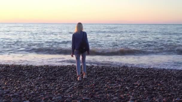 Το κορίτσι στέκεται δίπλα στη θάλασσα και στα όνειρα. Ρομαντικό περίπατο κατά μήκος της όμορφης ακτής. θάλασσα κύματα. — Αρχείο Βίντεο