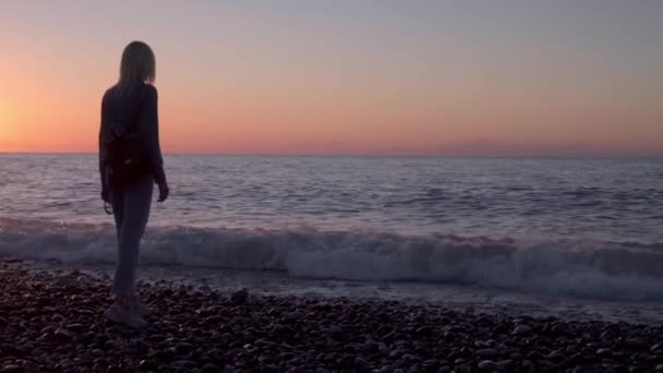 Το κορίτσι στέκεται δίπλα στη θάλασσα και στα όνειρα. Ρομαντικό περίπατο κατά μήκος της όμορφης ακτής. θάλασσα κύματα. — Αρχείο Βίντεο