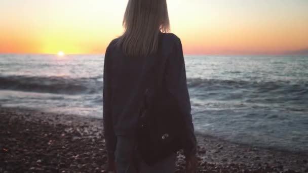 Dziewczyna stoi nad morzem i marzy. Romantyczny spacer wzdłuż pięknego brzegu. fale morskie. — Wideo stockowe