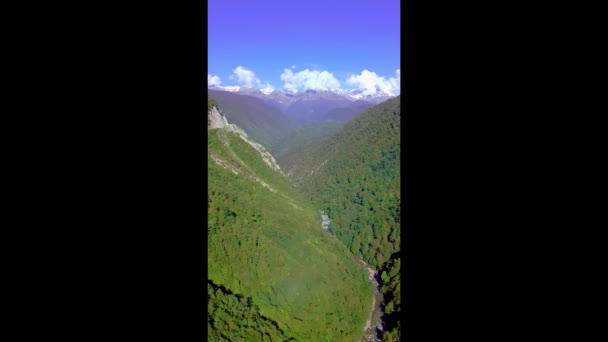 带着蛇形山路和森林在秋天的高山上飞驰. — 图库视频影像