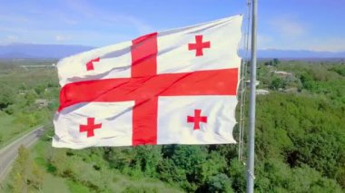 Gürcistan bayrağı arka planda karla kaplı yol köyünde dalgalanıyor.