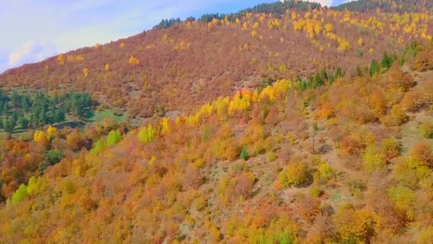 Epicki lot samolotem nad górami jesienią, zachód słońca, kolorowa jesień — Wideo stockowe