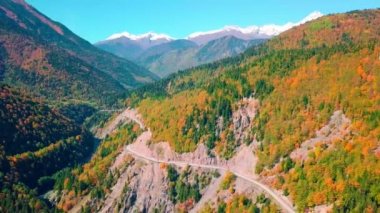Dönek bir yolu olan dağ nehrinde bir dronun kuş bakışı görüntüsü.