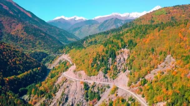 Uma visão panorâmica de um drone em um rio de montanha com uma estrada sinuosa — Vídeo de Stock