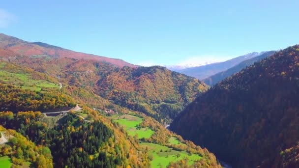 Volando en Drone sobre las montañas de otoño con serpentina carretera de montaña y bosque. — Vídeo de stock