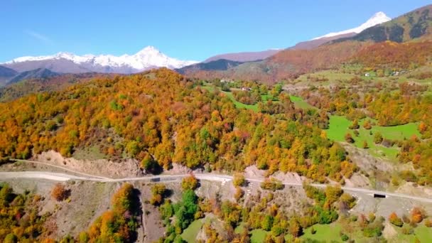 Вид с высоты птичьего полета на горную реку с извилистой дорогой — стоковое видео