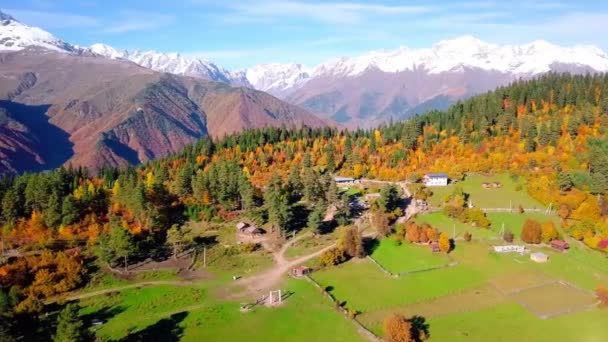 Vue par drone d'un village de montagne, sur fond de pelouse verte — Video