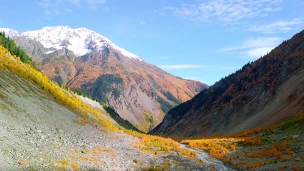 Dron vuela sobre el río entre montañas en otoño, en la distancia Glaciar Chalaadi — Vídeos de Stock