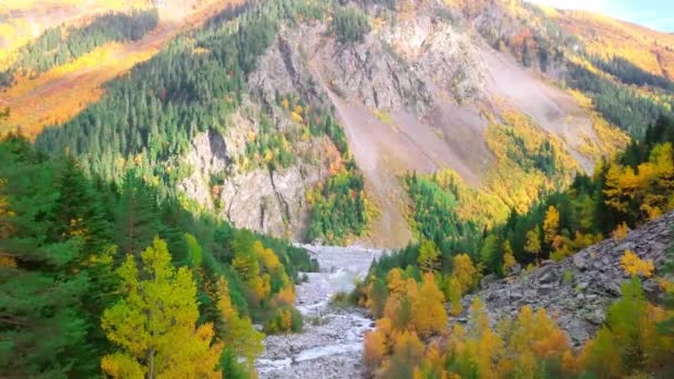 Von Drohne aus geschossen, fliegt er im Herbst über Gebirgsfluss mit Stromschnellen. — Stockvideo