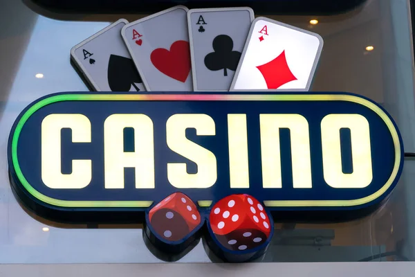 Close Illuminated Neon Sign Casino Text Casino Neon Backlight — Stock Photo, Image