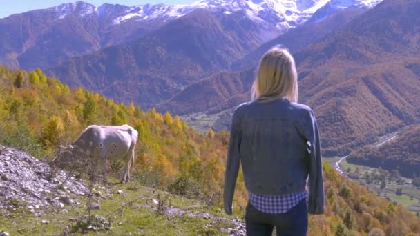 美丽的金发姑娘在秋天的山上给风景拍照或录像. — 图库视频影像
