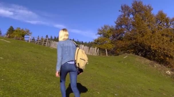 観光客の女の子は山の頂上の背景に斜面を登る — ストック動画