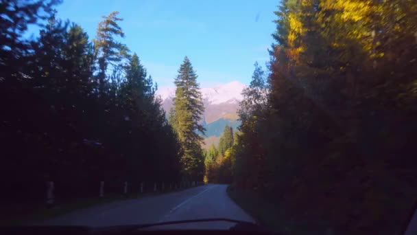 Camera shoots from first person, car is driving along a narrow mountain road. — Stock Video