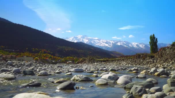 Rivière de montagne dans les montagnes d'automne. Un courant turbulent. Géorgie, Svaneti. — Video