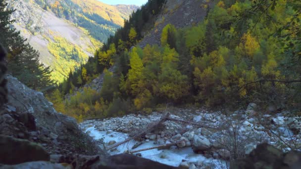 Górska rzeka w jesiennych górach. Burzliwy prąd. Gruzja, Svaneti. — Wideo stockowe