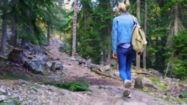 Genç turist dağlık alanda yürüyor ve güzel manzaralara bakıyor..