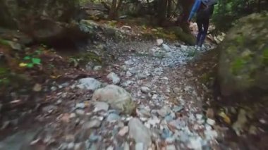 Genç turist dağlık alanda yürüyor ve güzel manzaralara bakıyor..