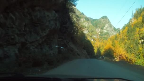 첫 번째 사람의 카메라 촬영, 차가 좁은 산길을 따라 운전하고. — 비디오