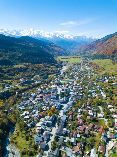 Beautiful Drone View Mestia Village Sunny Bright Autumn Day Upper — Stock Photo, Image