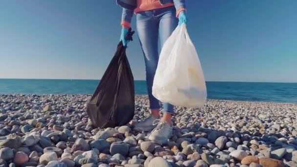 Žena sbírající čistící plastové láhve na pláži, — Stock video
