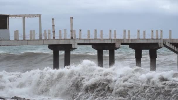 허리케인. 부둣가의 폭탄 과부딪히는 파도. 바닷물 거품, 물풀, — 비디오