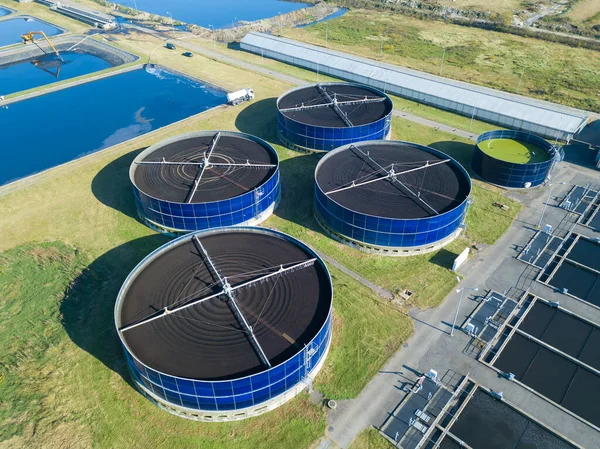 Drone View Sewage Treatment Plants Filtration Dirty Waste Water Stage — Stockfoto