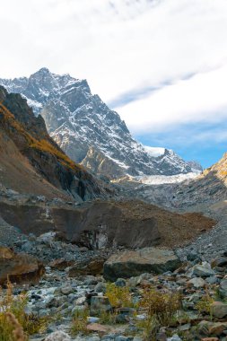 Beautiful landscape on Chalaadi glacier on an autumn day in Svaneti region, Mestia, Georgia. Vertical photo