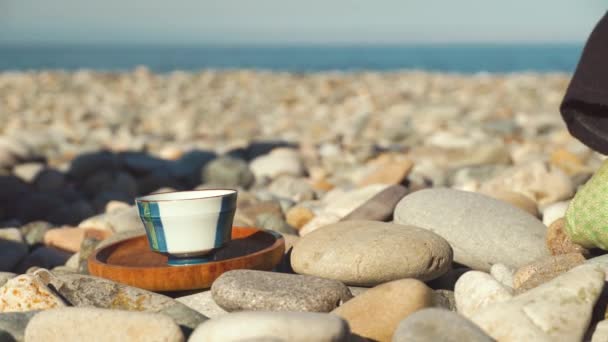 Proses pembuatan teh seduh. Upacara Cina di pantai kerikil. — Stok Video