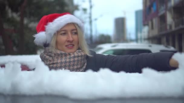 フロント ガラス、さげ氷、冬の車の窓拭きから雪の清掃 — ストック動画