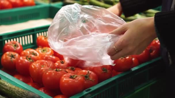 Witte vrouwelijke handen nemen een aantal rode tomaten uit groene plastic doos op de markt — Stockvideo