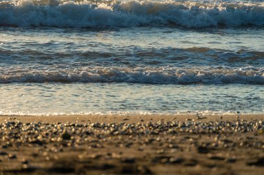 Gün batımında kumlu bir plajda süzülen deniz dalgalarının yakın çekimi, fotokopi alanı olan doğanın güzel arka planı.
