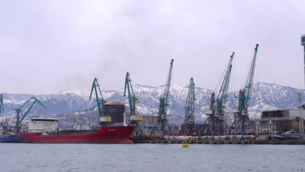 在白雪覆盖的高山背景下，渡船停靠在港口。. — 图库视频影像