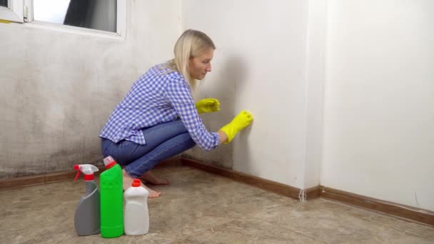 Blonde, lave mur blanc dans appartement avec mousse, éponges en gants jaunes — Video