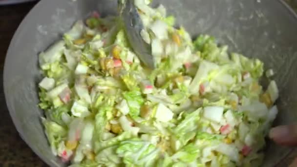 Vejetaryen salatası yapma süreci. Aşçı salatayı karıştırıyor.. — Stok video