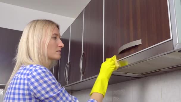 Una donna pulisce e lucida i controsoffitti della cucina con uno spray — Video Stock