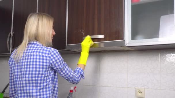 Una mujer limpia y pule las encimeras de la cocina con un spray — Vídeos de Stock