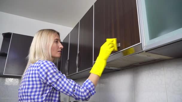 A woman cleans and polishes kitchen countertops with a spray — Stock Video