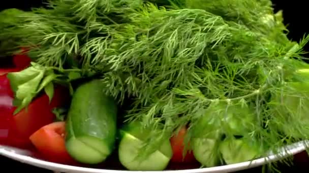Häll olivolja på italiensk sallad med minimozzarella, tomatkörsbär och ruccola roterande — Stockvideo
