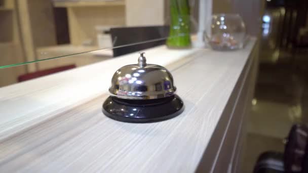 Woman Manicured Hand Rings Bell Hotel Reception Metal Bell Reflects — Wideo stockowe