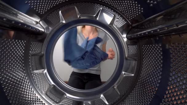 Woman Hand Dirty Clothes Washing Machine Close View Drum Washing — Stockvideo
