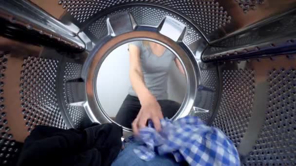 Woman Hand Clean Clothes Washing Machine Close Ups View Drum — ストック動画